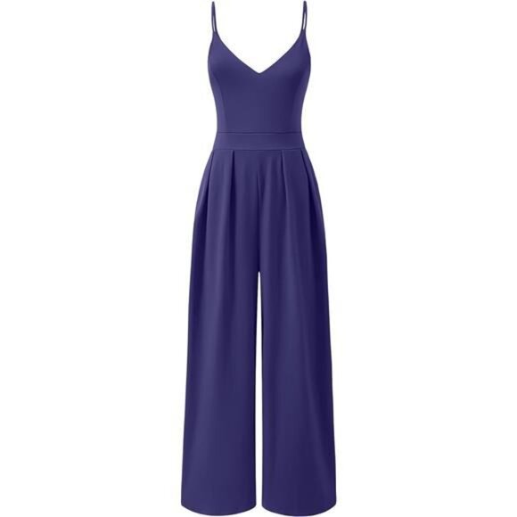 Tops - Women V Neck Spaghetti Strap Jumpsuits Navy Blue